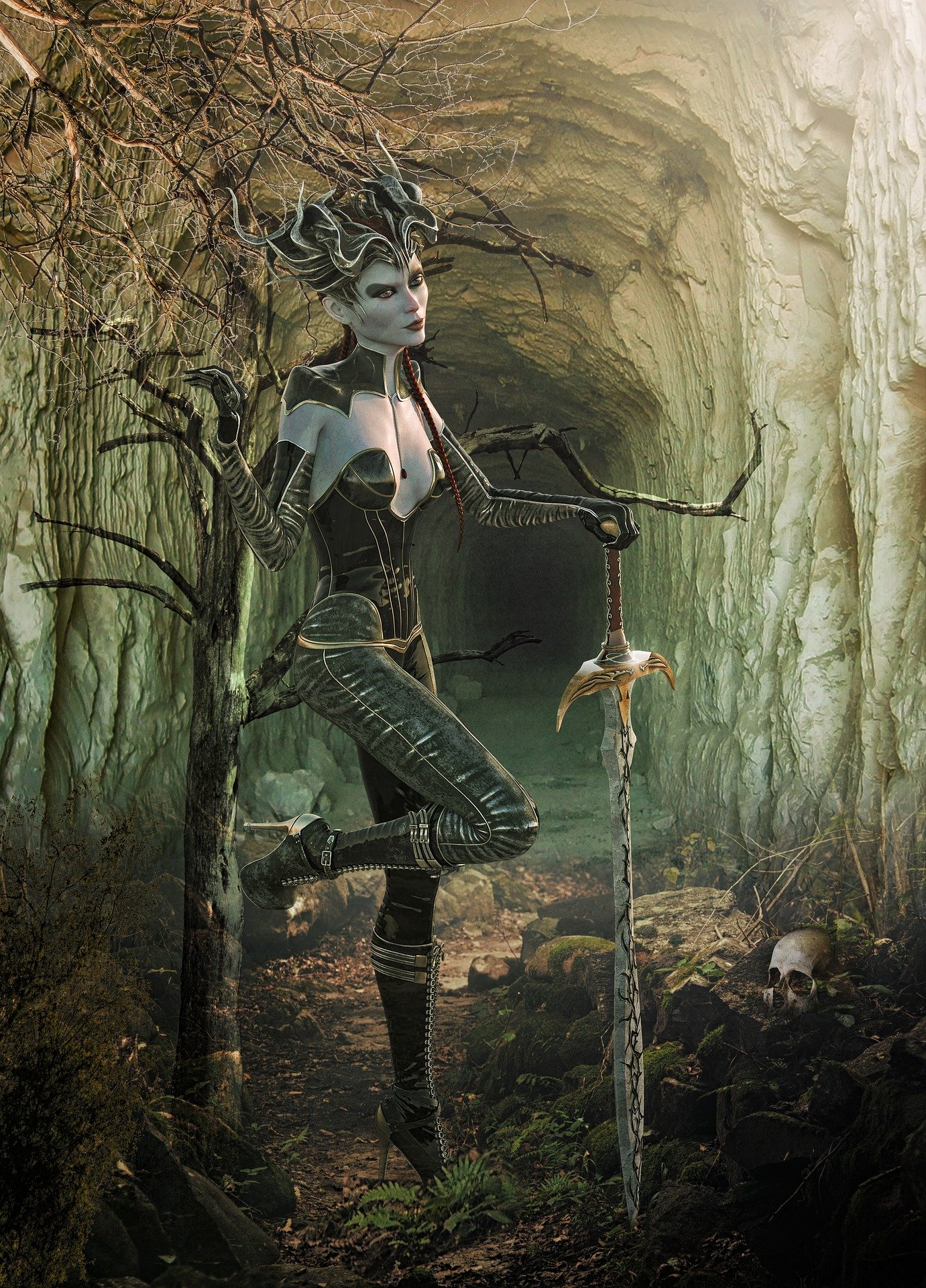 Fantasy warrior woman with intricate armor and a large sword, standing in a mystical forest setting. 