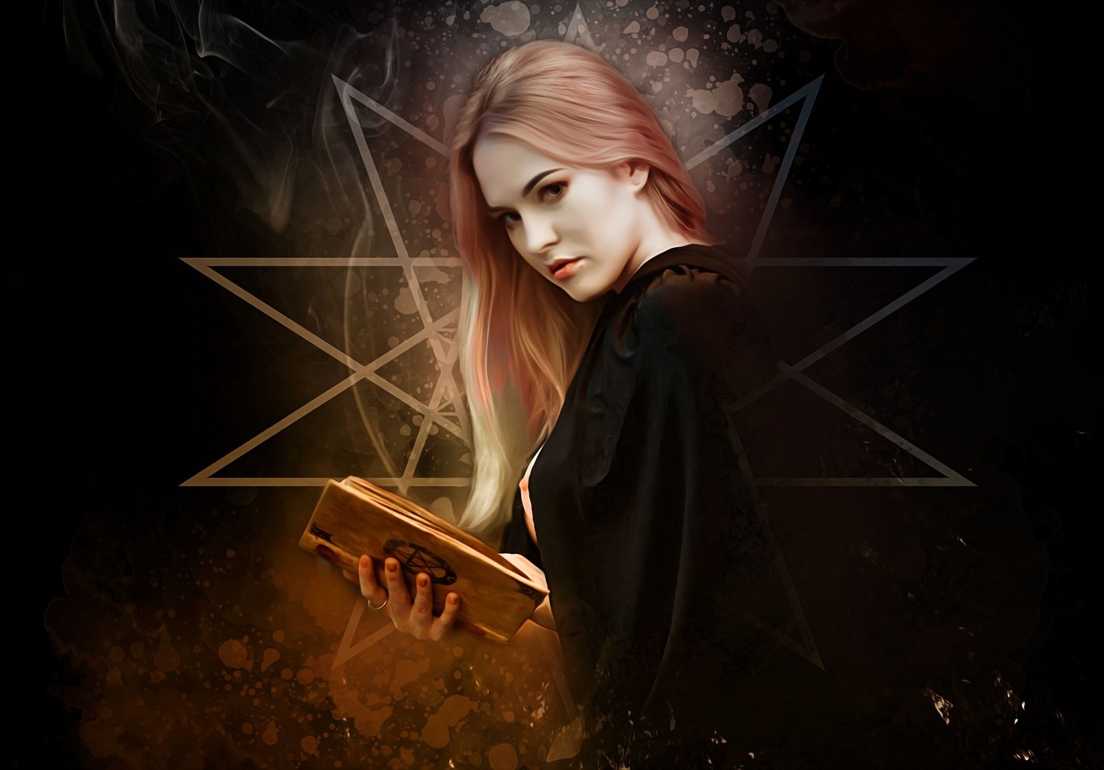 Woman in dark clothing holding a book with a mystical background, exuding a Gothic and magical aura.
