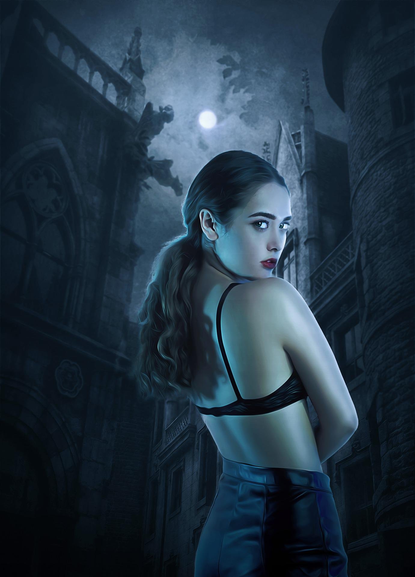 Woman in a dark, gothic setting wearing a black bra and looking over her shoulder with a moonlit gothic castle in the background.