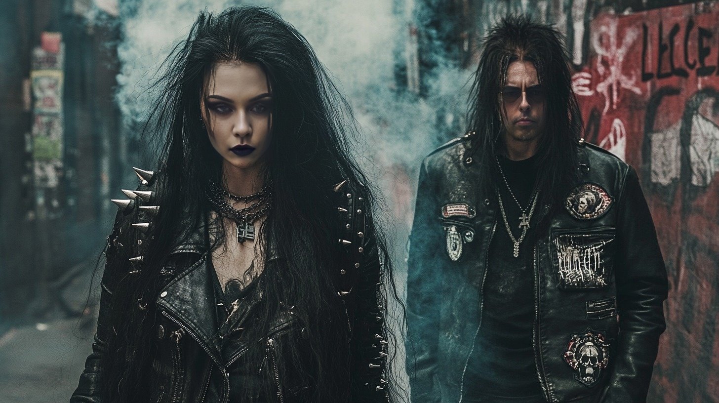 A gothic metalhead rebellious woman and a black metalhead man walking through a graffiti-covered alleyway filled with smoke, embodying the spirit of rebellion with their intense gazes and spiked leather clothing.