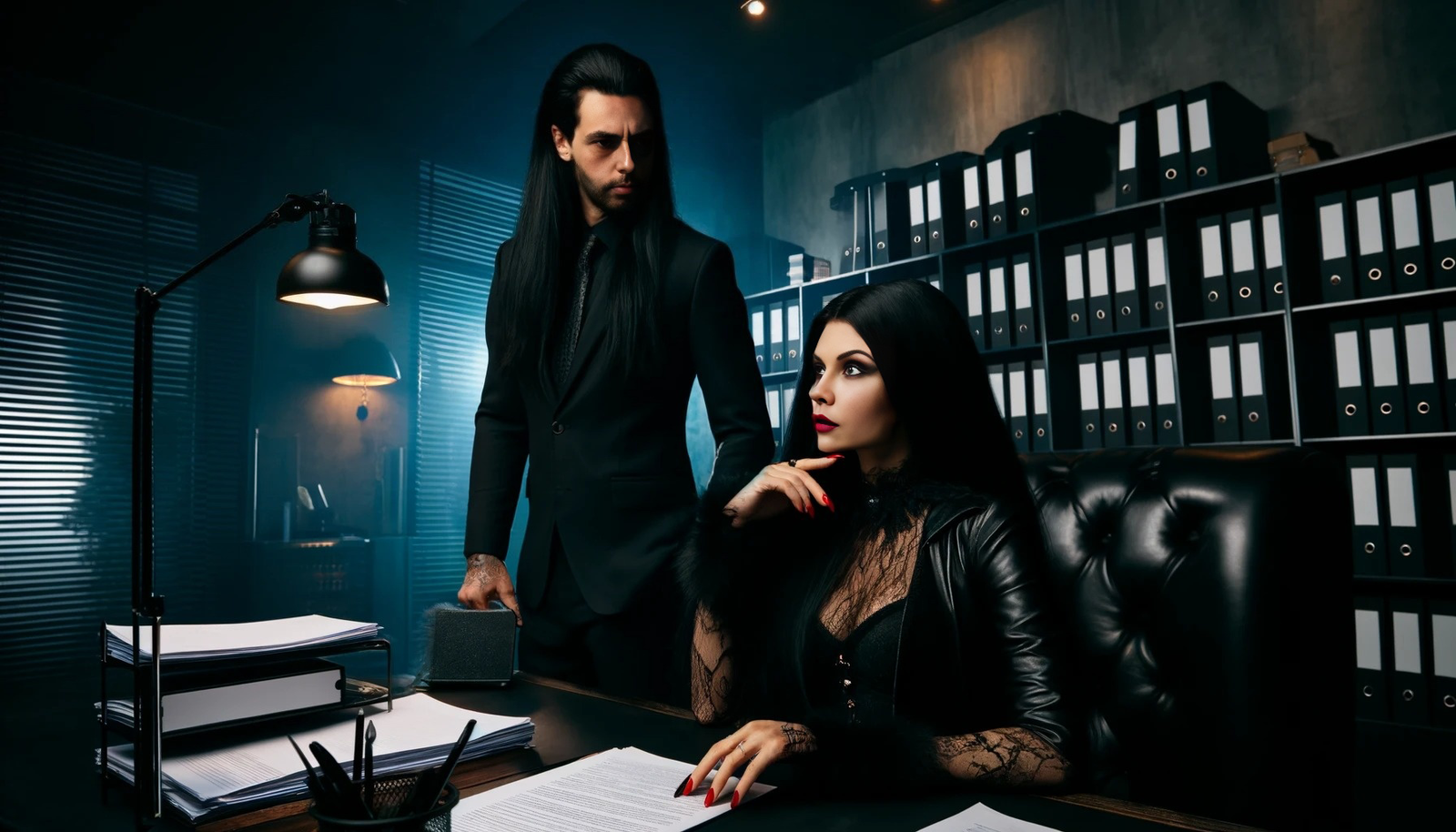 Adrian Blackwood and Elena Parker in a dimly lit office, surrounded by documents and books, both dressed in gothic-inspired black attire, emphasizing their commitment to their work and each other. 