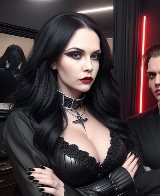 Elena Parker and another woman, both dressed in gothic-inspired outfits, looking confidently at the camera.