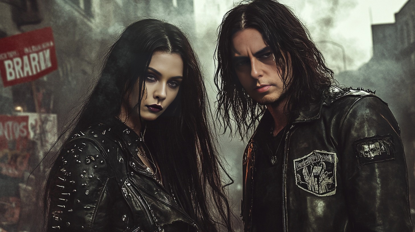 A gothic metalhead rebellious woman and a black metalhead man standing together in a smoky urban setting with graffiti, exuding defiance and individuality with their fierce expressions and leather outfits adorned with spikes.
