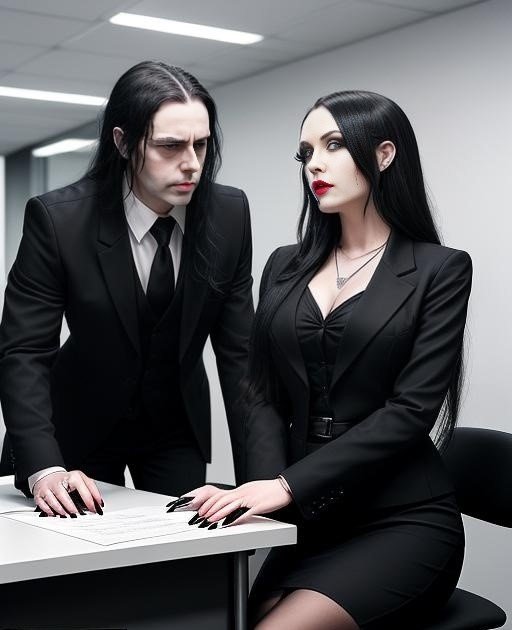 Adrian Blackwood and Elena Parker standing in an office, both in formal black attire, highlighting the deep connection in their boss and secretary romance. 