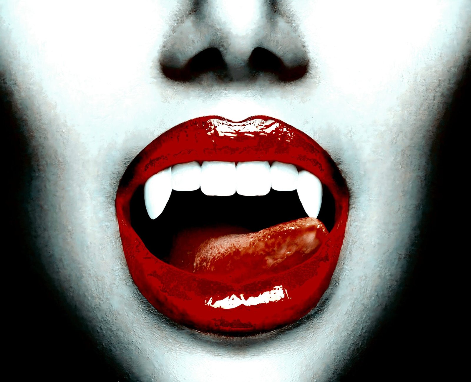 Stylized vampire lips with fangs and red lipstick, capturing the essence of the Vampire Halloween Costume Aesthetic.