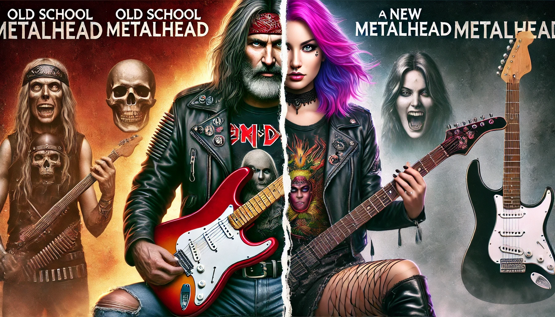 Old school metalhead man with long hair and a leather jacket standing next to a new metalhead woman with brightly colored hair and a modern look. The background is split, with a gritty, raw setting on the left and a polished, clean environment on the right. Both are holding guitars.