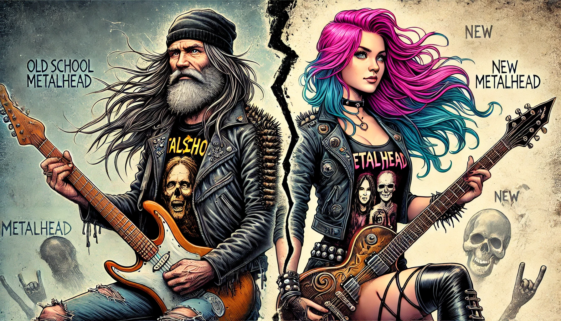 Old school metalhead man with a beanie and long hair, holding a guitar, standing next to a new metalhead woman with colorful hair and modern fashion. The background is divided, with a raw setting on the left and a cleaner environment on the right.