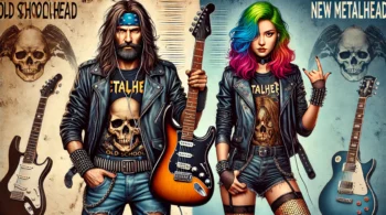 Old school metalhead man with a bandana and long hair, wearing a leather jacket and holding a guitar, next to a new metalhead woman with brightly colored hair and a polished look. The background shows a gritty setting on the left and a more modern, clean environment on the right.