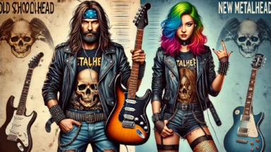 Old school metalhead man with a bandana and long hair, wearing a leather jacket and holding a guitar, next to a new metalhead woman with brightly colored hair and a polished look. The background shows a gritty setting on the left and a more modern, clean environment on the right.