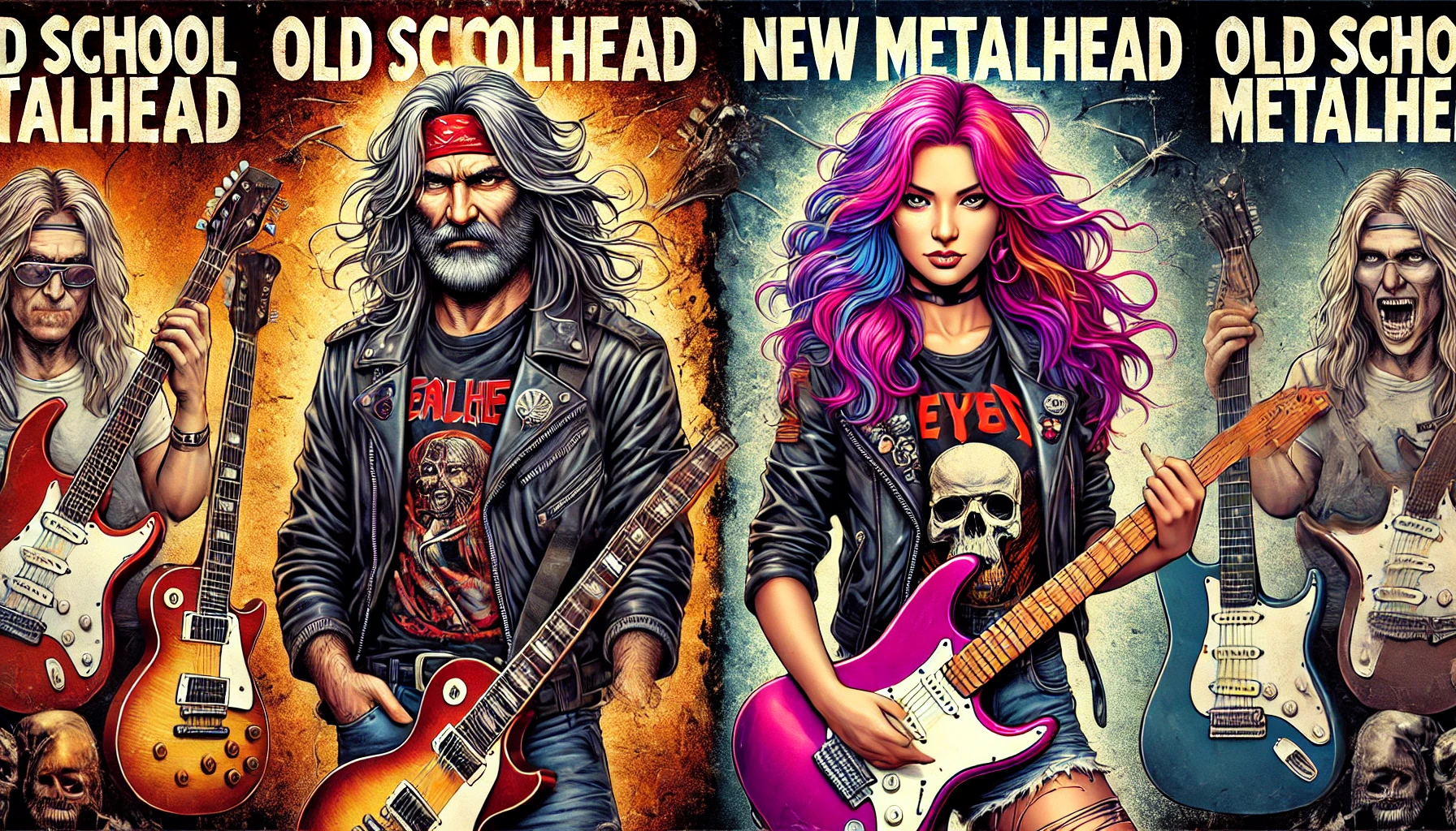 Old school metalhead man with a leather jacket and long hair, holding a guitar, standing next to a new metalhead woman with colorful hair and modern fashion. The split background highlights the differences between the raw and polished styles.