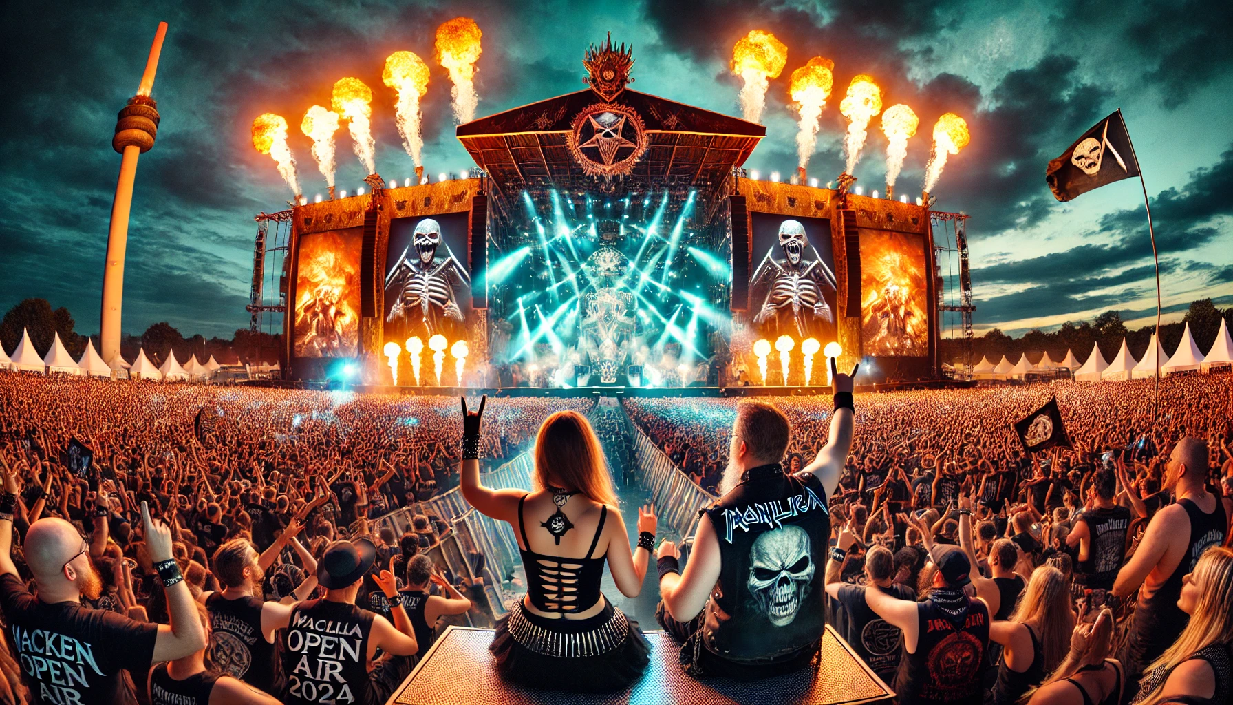 A vibrant and dynamic scene of Wacken Open Air 2024 festival with a massive crowd of metalheads dressed in black, headbanging and cheering in front of a grand stage with elaborate lighting and pyrotechnics. The sky is dark, filled with fireworks and laser lights, capturing the raw energy and unity of the metal community.