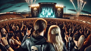 A close-up scene of a man and woman at Wacken Open Air 2024, both dressed in metal attire, headbanging and enjoying the concert together. In the background, a massive crowd of metalheads dressed in black cheers in front of a grand stage with elaborate lighting and pyrotechnics. The sky is dark, filled with fireworks and laser lights.