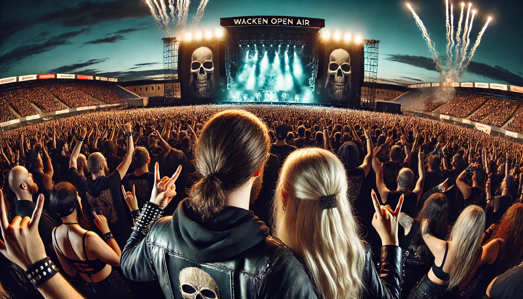 A close-up scene of a man and woman at Wacken Open Air 2024, both dressed in metal attire, headbanging and enjoying the concert together. In the background, a massive crowd of metalheads dressed in black cheers in front of a grand stage with elaborate lighting and pyrotechnics. The sky is dark, filled with fireworks and laser lights.