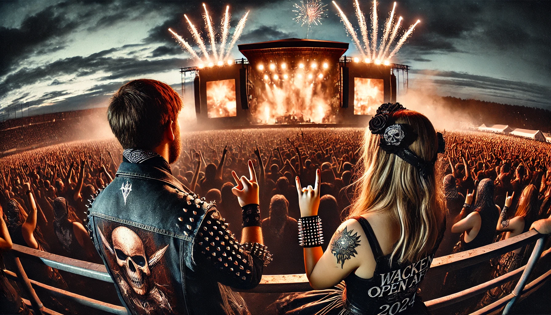 A vibrant and dynamic scene of Wacken Open Air 2024 festival with a massive crowd of metalheads dressed in black, headbanging and cheering in front of a grand stage with elaborate lighting and pyrotechnics. The sky is dark, filled with fireworks and laser lights, capturing the raw energy and unity of the metal community.