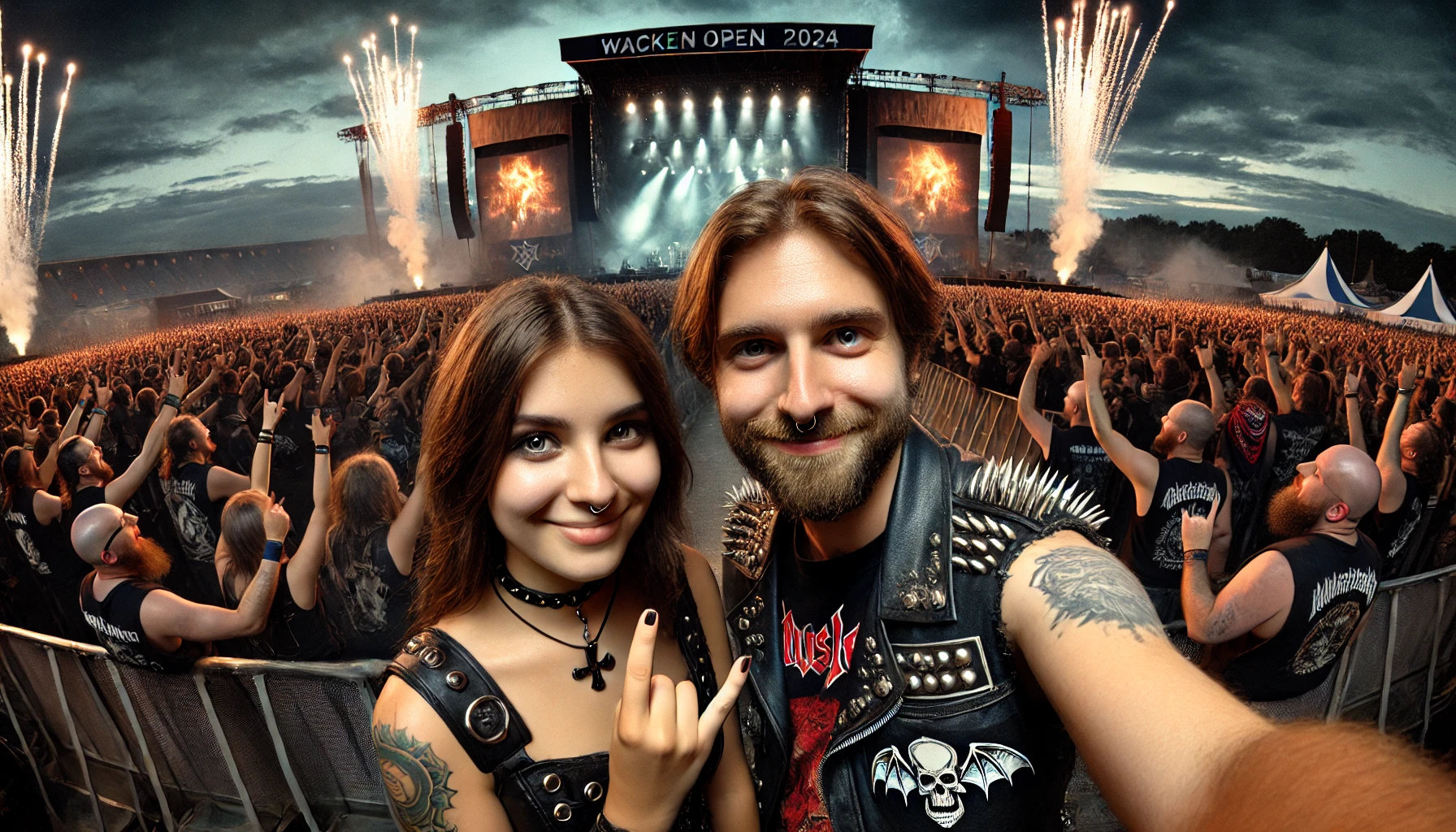 A close-up scene of a man and woman at Wacken Open Air 2024, both dressed in metal attire, facing the camera and smiling. In the background, a massive crowd of metalheads dressed in black cheers in front of a grand stage with elaborate lighting and pyrotechnics. The sky is dark, filled with fireworks and laser lights.