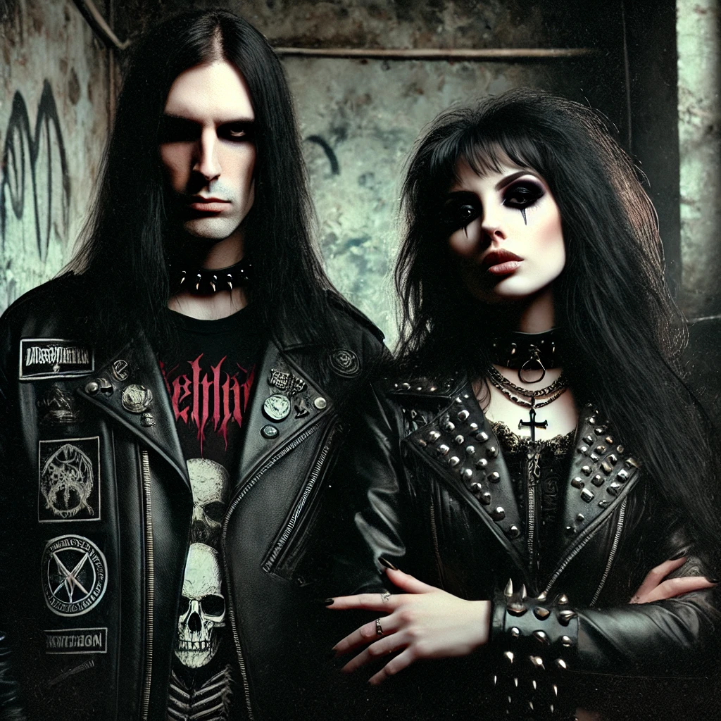 A dark and moody image featuring a man with long black hair and a leather jacket covered in band patches, standing next to a woman with gothic makeup, both embodying the misanthropic metalhead aesthetic against a gritty urban backdrop.
