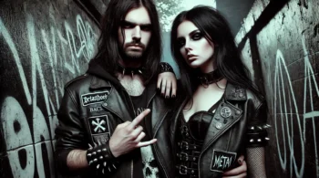 A man with a stern expression, long black hair, and a leather jacket adorned with spikes and band patches, standing beside a woman with dark makeup and a spiked leather jacket, set against a shadowy, graffiti-covered alleyway.