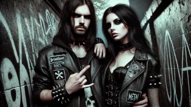 A man with a stern expression, long black hair, and a leather jacket adorned with spikes and band patches, standing beside a woman with dark makeup and a spiked leather jacket, set against a shadowy, graffiti-covered alleyway.