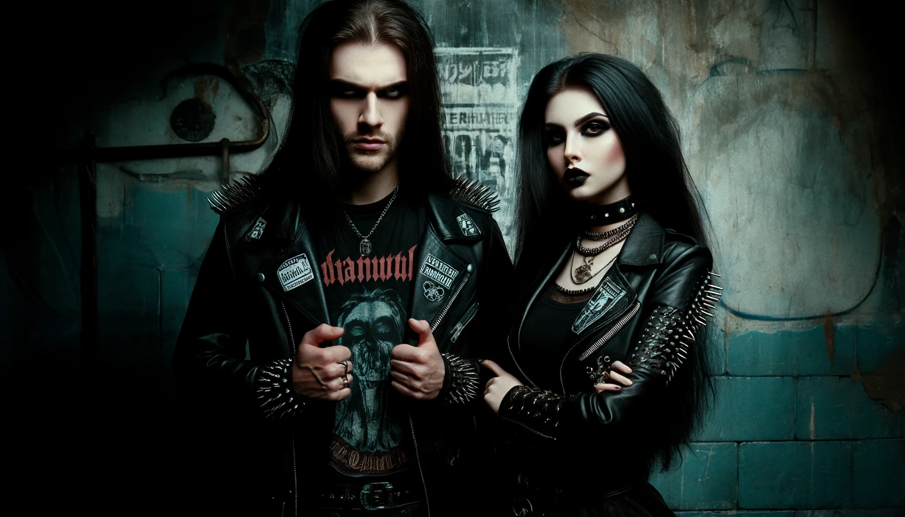 A man and a woman, both with long black hair and gothic attire, including leather jackets with spikes and patches, standing against a grungy, worn wall, embodying the misanthropic metalhead aesthetic in a dark urban environment. 