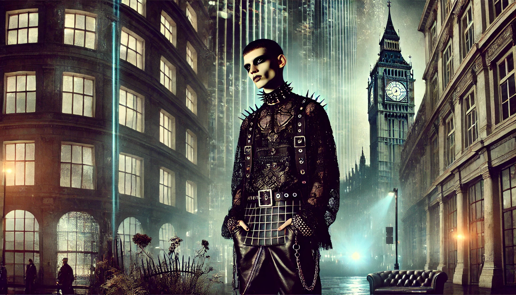 A dark and moody image of a model dressed in black leather and lace with metal spikes, standing in a cityscape that merges modern and Gothic elements, representing the appropriation of Gothic and metal culture in mainstream fashion.