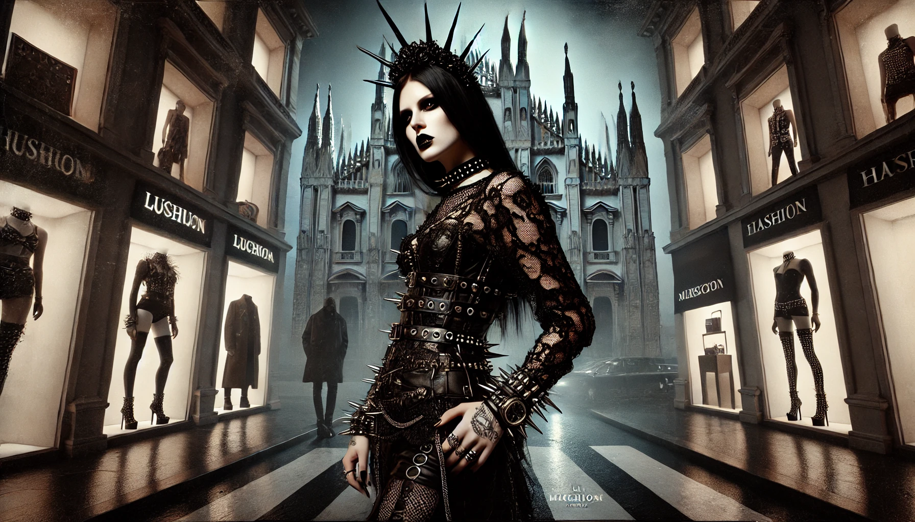 A woman dressed in Gothic and metal fashion, including black leather and lace, standing in a moody urban setting with Gothic architecture and subtle high-end fashion elements.