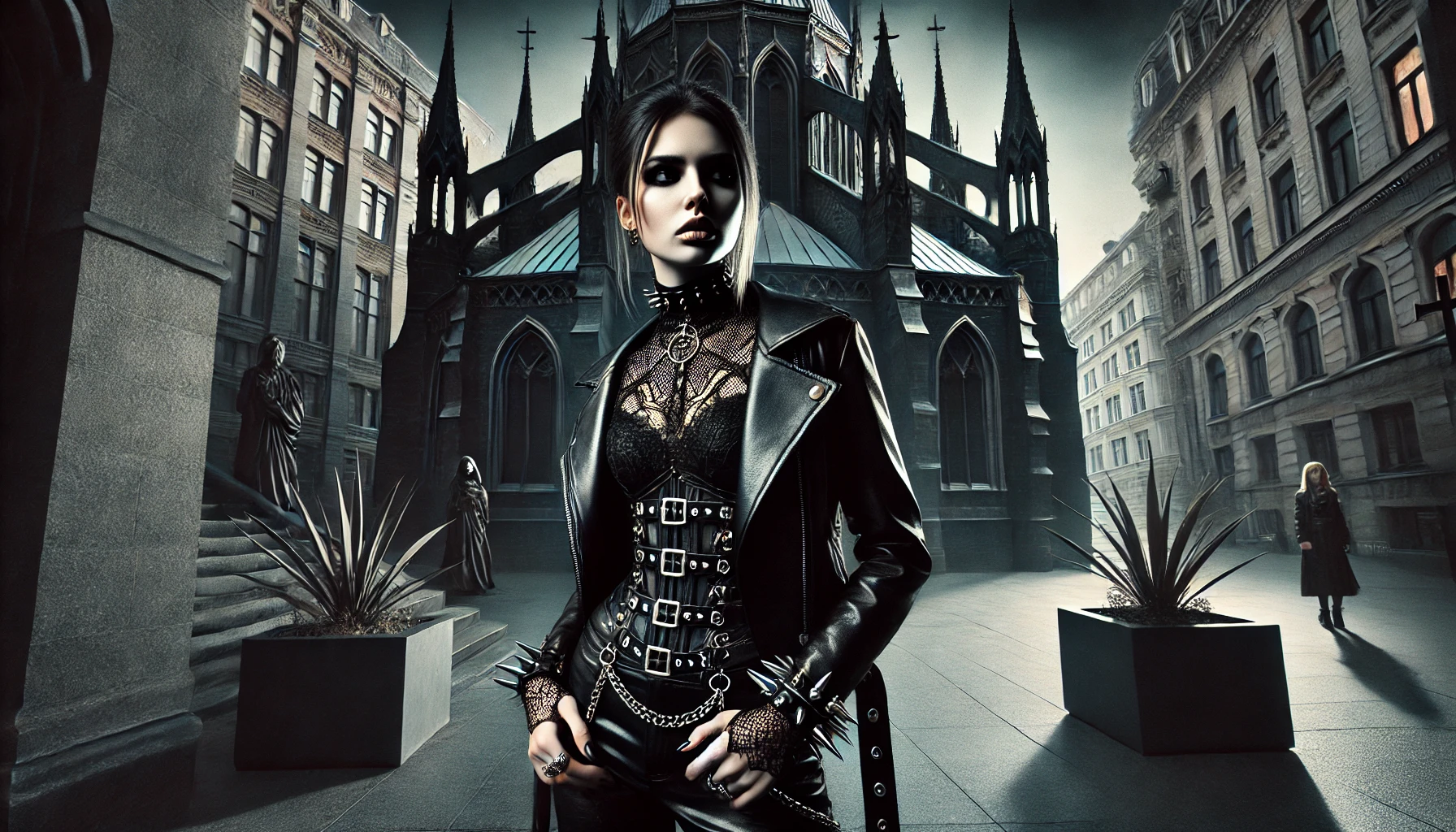 A woman in Gothic and metal fashion, including black leather, lace, and metal accessories, standing in a dramatic city environment with Gothic and modern elements in stark contrast.