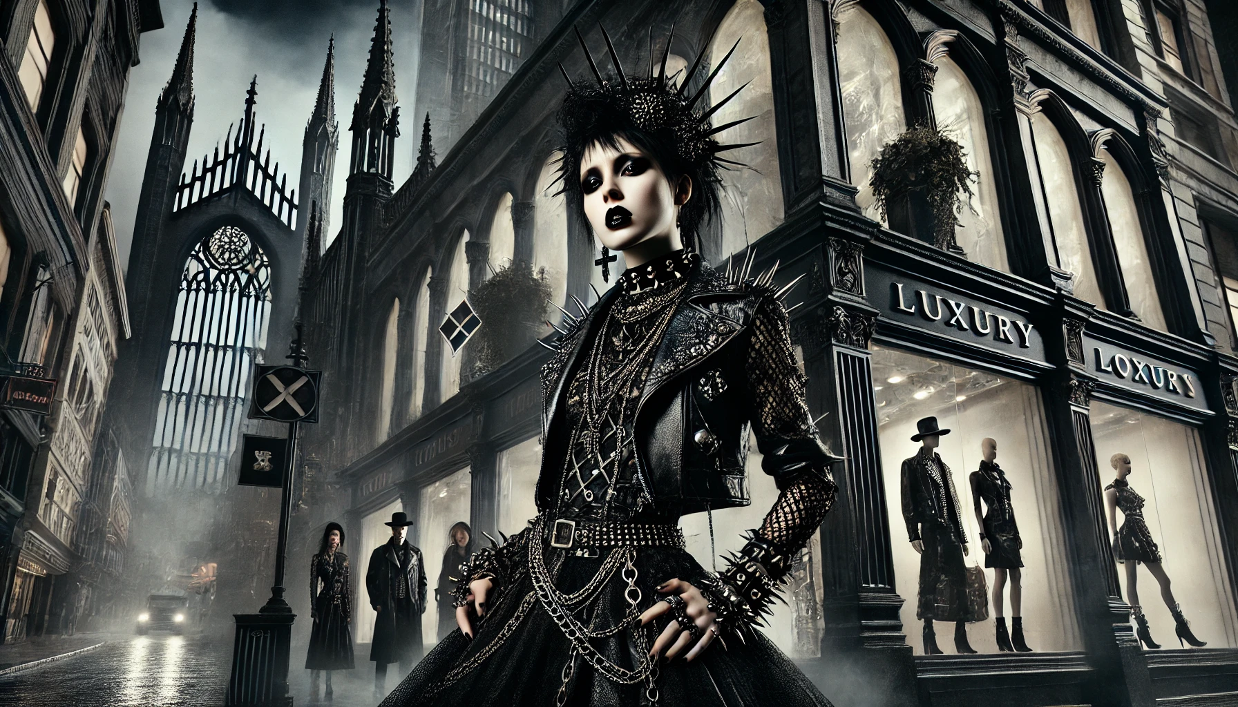 A woman in Gothic and metal fashion, including black leather, lace, and spikes, standing in a cityscape that combines modern and Gothic architecture, with luxury fashion logos subtly included in the background.