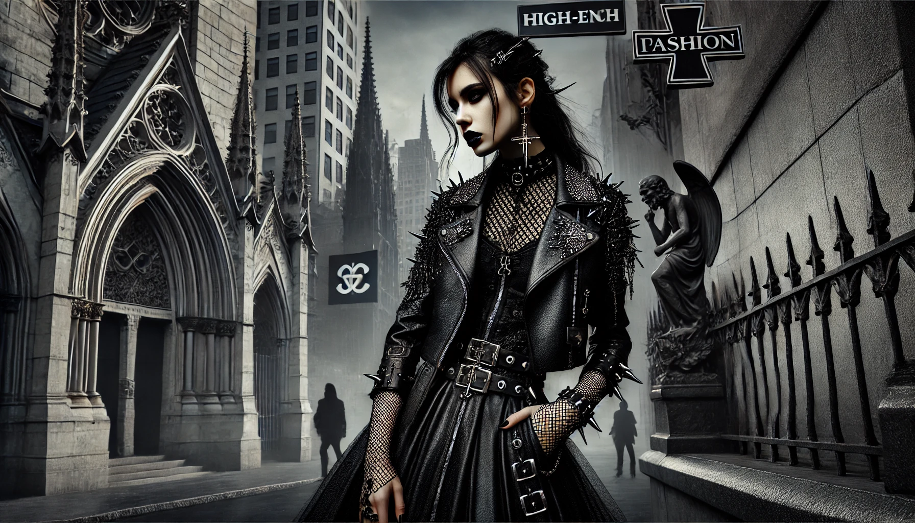 A woman in Gothic and metal fashion, including black leather, lace, metal spikes, and chains, standing in a dark urban environment with Gothic architecture and luxury fashion logos in the background.