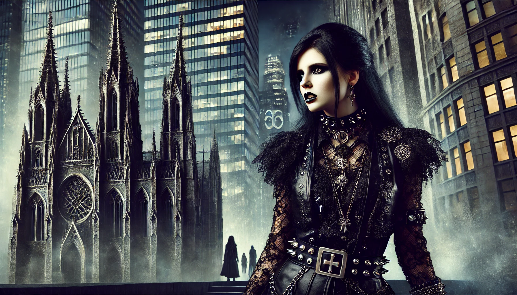 A woman dressed in Gothic and metal fashion, including black leather and lace, standing in a modern cityscape with Gothic architecture, with a defiant expression and sharp contrasts in lighting.