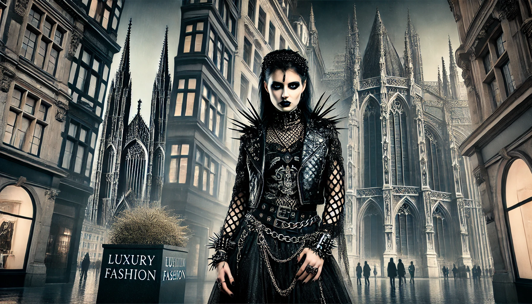 A woman in Gothic and metal attire, including spikes and chains, standing in an urban environment that blends modern skyscrapers with Gothic architecture, emphasizing the contrast between subcultural and commercial fashion.
