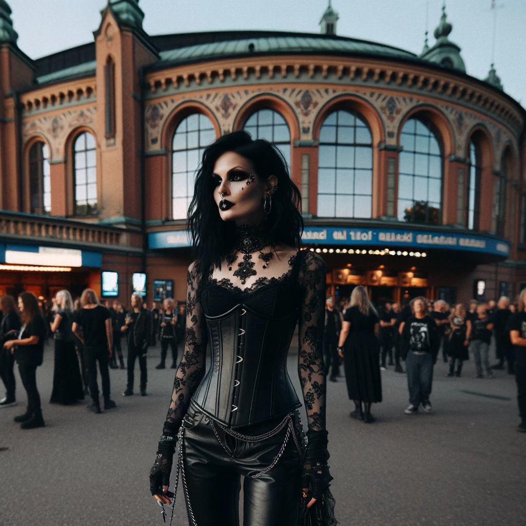 A gothic woman standing outside The Tivoli in Helsingborg, Sweden, before a concert, dressed in leather pants and a corset with the venue's historic architecture in the background.