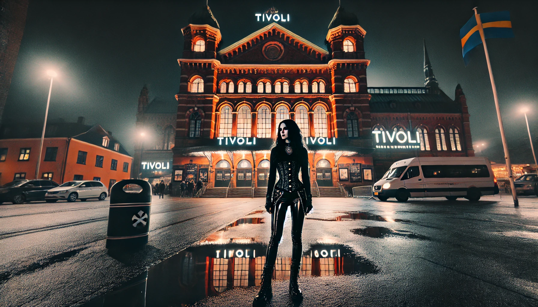 A gothic woman standing outside The Tivoli in Helsingborg at night, with the venue's old steam ferry station architecture beautifully lit in the background.