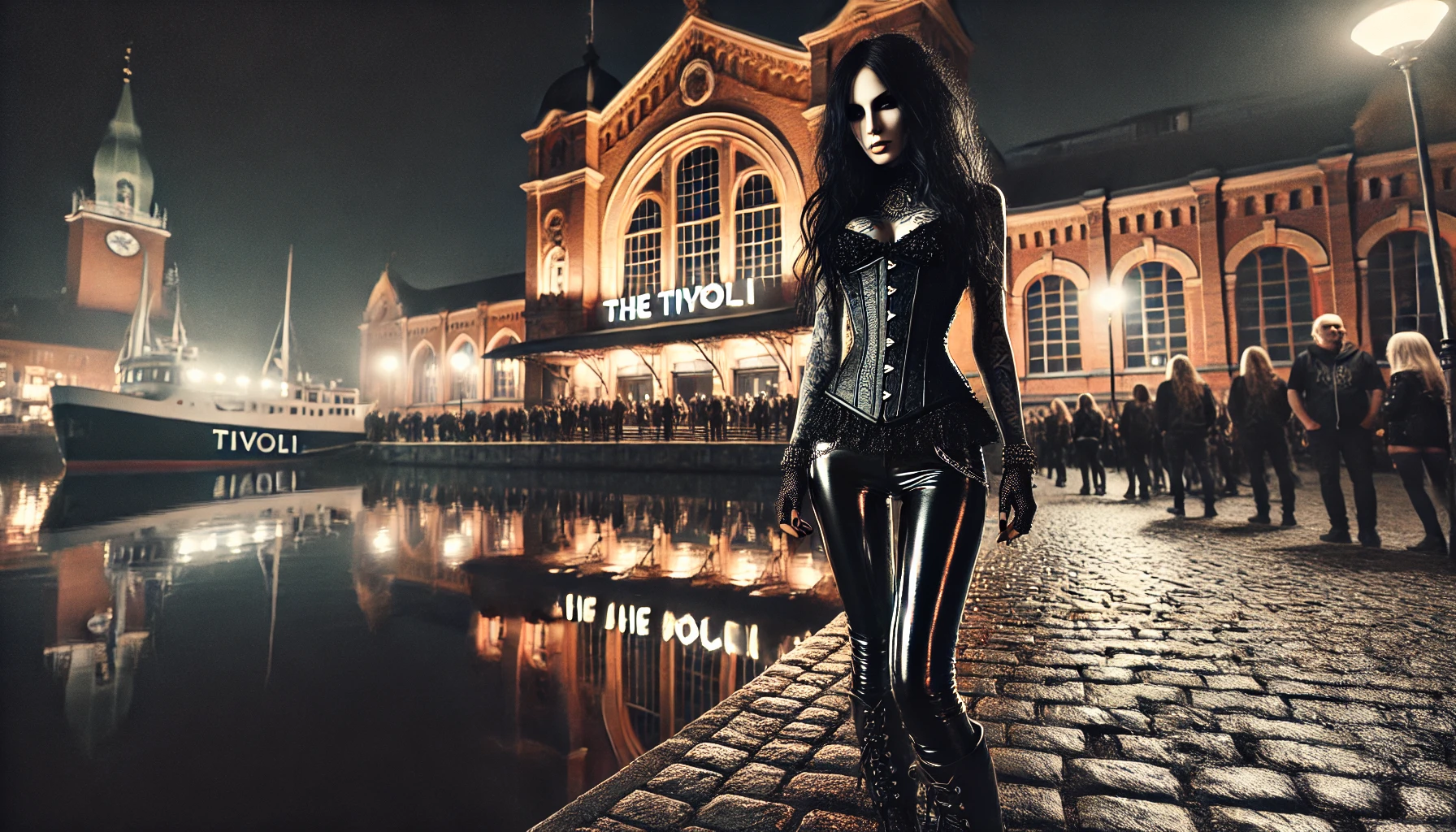 A gothic woman standing outside The Tivoli in Helsingborg at night, with the building's historic architecture reflected in the water and the woman wearing shiny leather pants and a corset.