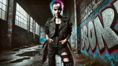A rebellious punk woman standing confidently in an urban alleyway, surrounded by graffiti-covered walls, wearing a leather jacket with studs and ripped jeans.