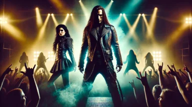 A dramatic concert scene inspired by the front persons of Pain and Metalite, capturing a live performance atmosphere with intense stage lighting and a powerful energy.