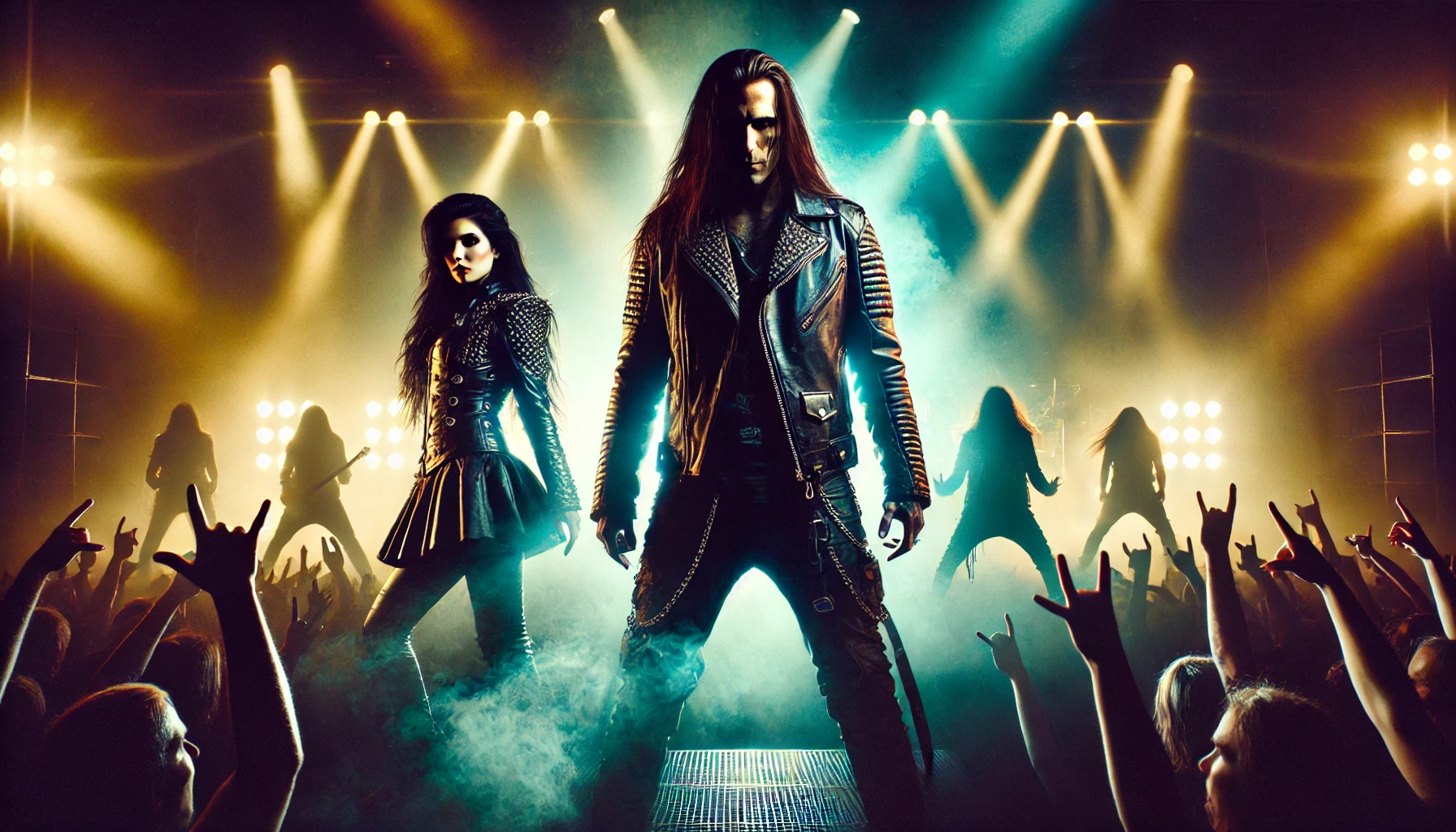 A dramatic concert scene inspired by the front persons of Pain and Metalite, capturing a live performance atmosphere with intense stage lighting and a powerful energy.
