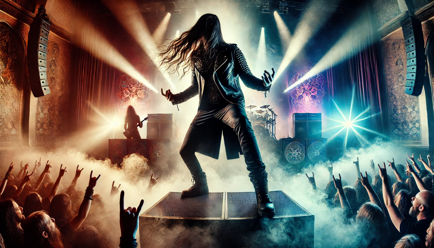 A live concert scene inspired by the front persons of Pain and Metalite, with intense lighting, thick fog, and an electrifying atmosphere highlighting their contrasting performances.