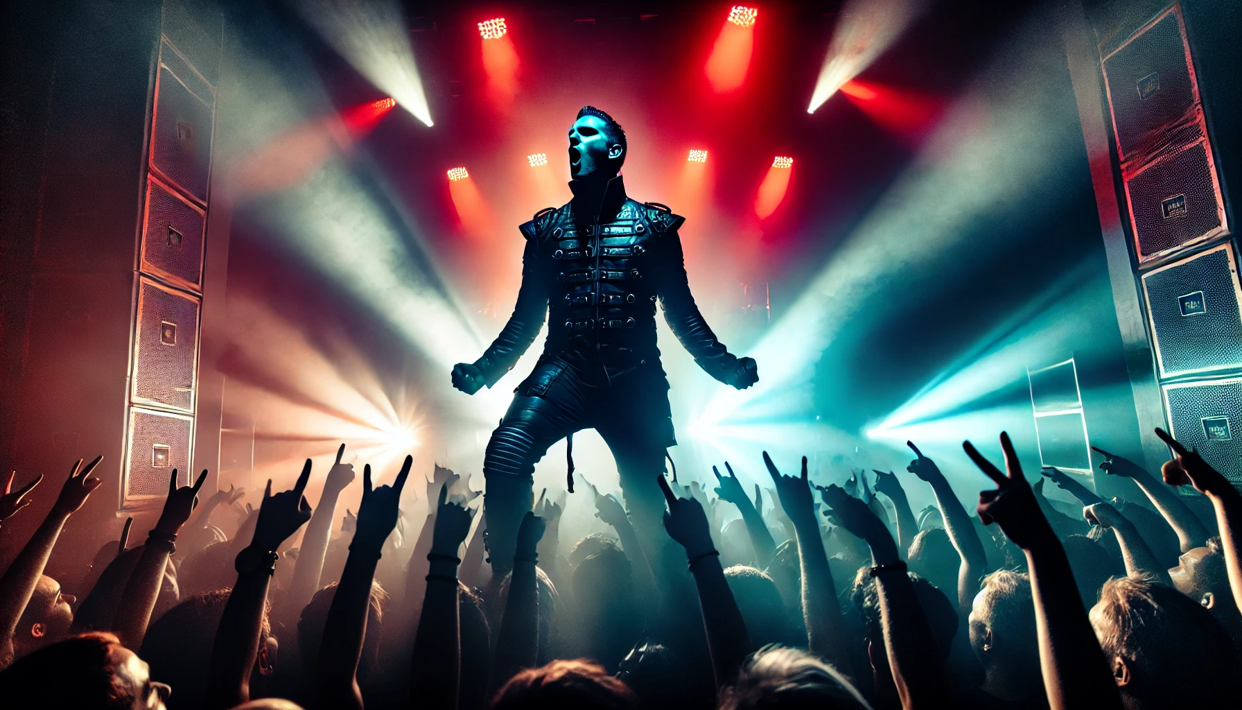 An intense live concert scene with the frontman of Pain performing under red lights, surrounded by a crowd raising their hands, with a mix of dark and vibrant lighting.
