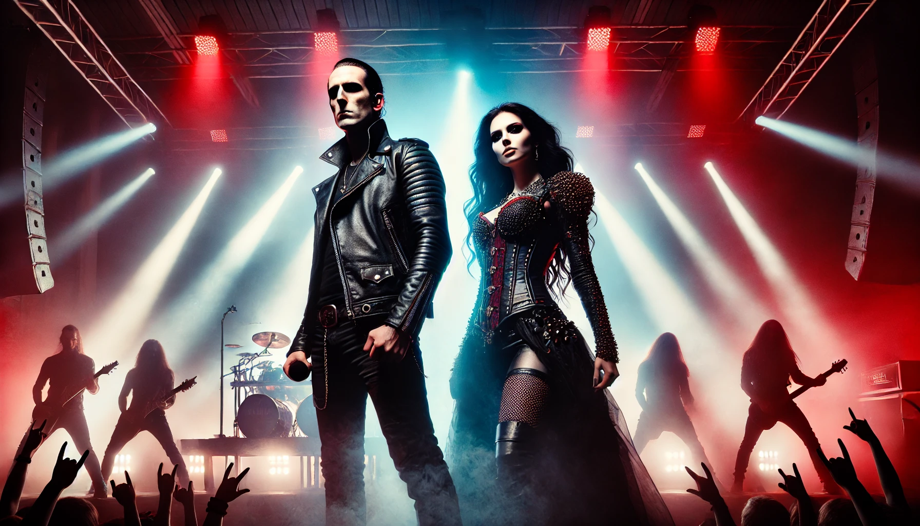 A dramatic live concert scene featuring the frontman of Pain and the frontwoman of Metalite, both standing on stage under intense lighting and fog, exuding powerful stage presence.