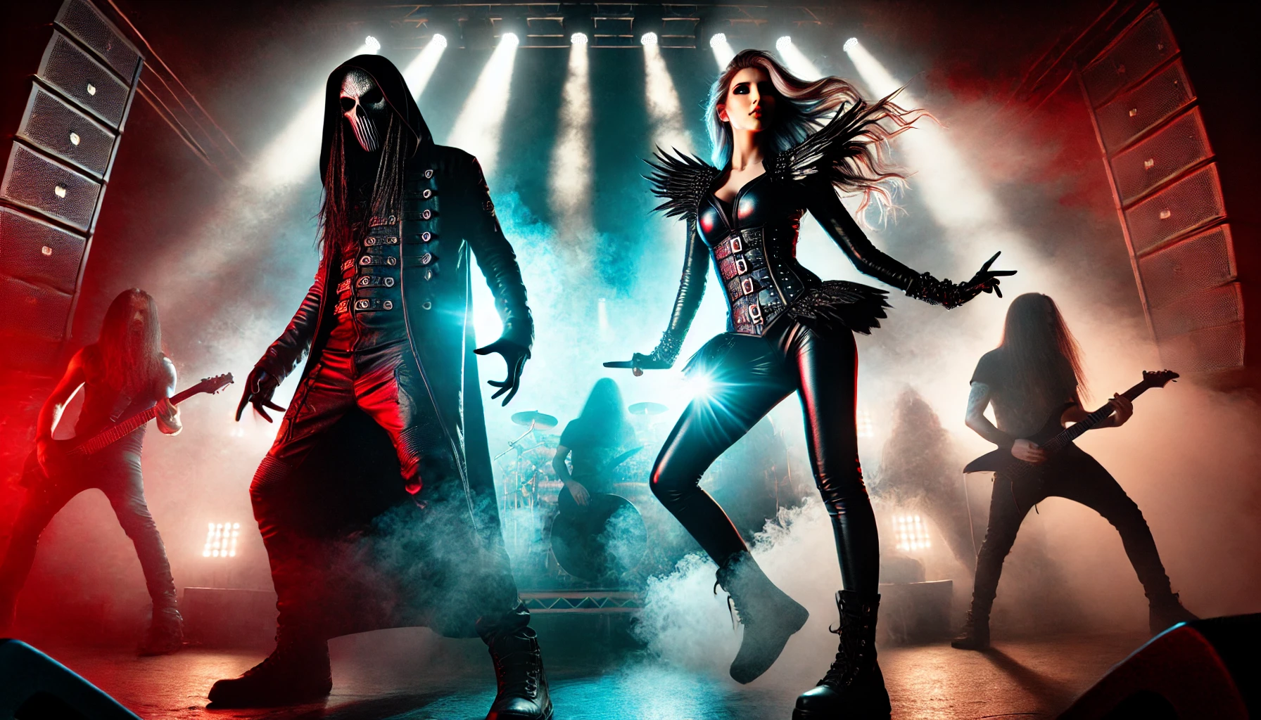 A dynamic live concert scene with the frontman of Pain and the frontwoman of Metalite on stage, performing under dramatic lighting with thick fog, showcasing their contrasting energies.