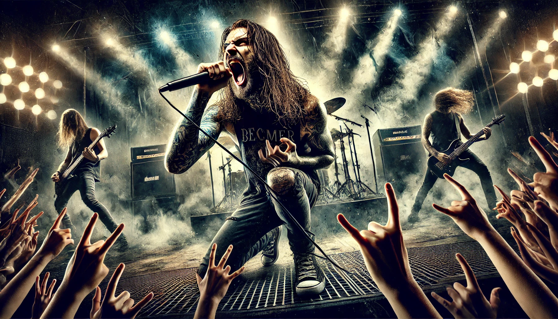 An intense, gritty rock concert featuring a band performing with high energy. The lead singer, with long hair and tattoos, screams into the microphone while the crowd throws up devil horns. Bright spotlights and a smoky atmosphere surround the stage, emphasizing the raw and aggressive mood.