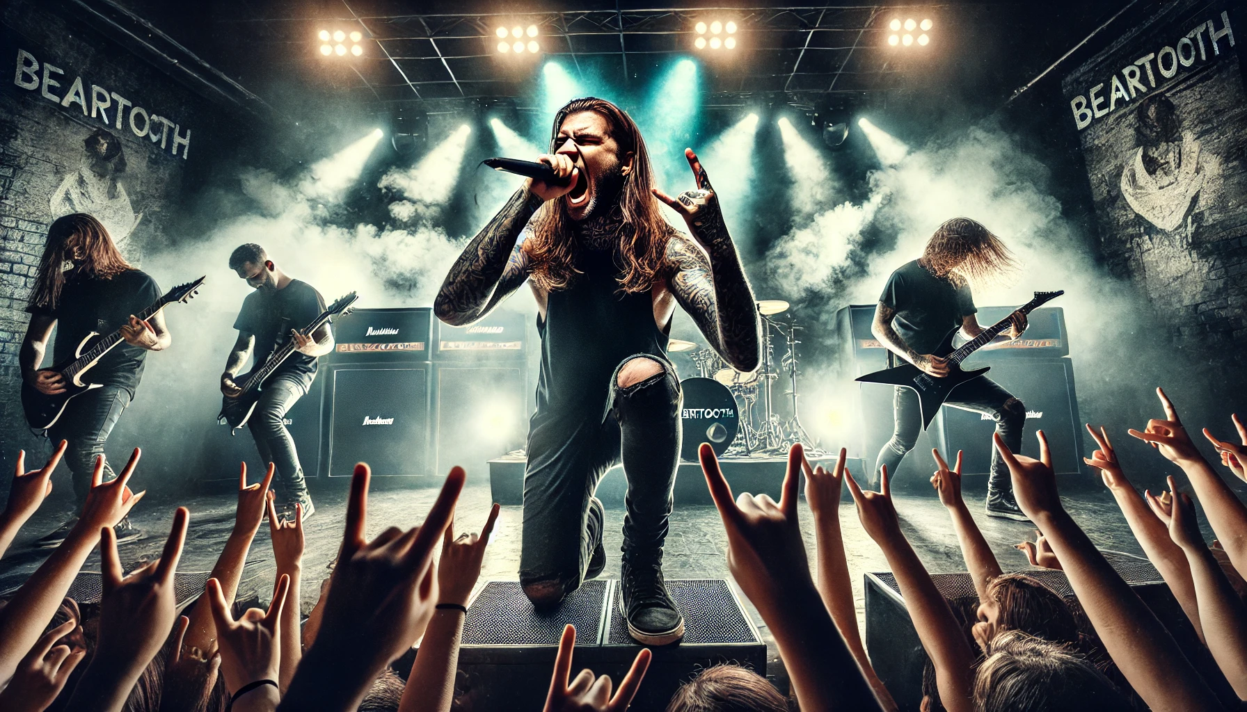 A high-energy rock concert scene with Beartooth inspired band performing on stage. The lead singer, with long hair and tattoos, screams passionately into the microphone, while the band delivers an intense performance under bright lights and a smoky atmosphere, with the crowd raising their hands in devil horns.
