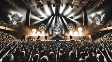 A powerful live concert scene inspired by In Flames, Arch Enemy, and Soilwork performing at Malmö Arena, featuring intense lighting, fire effects, and an energetic crowd of metal fans.