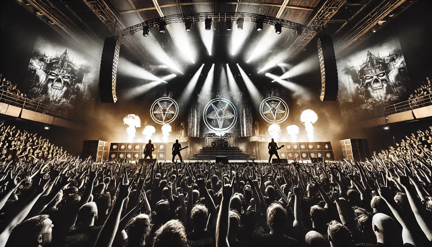 A powerful live concert scene inspired by In Flames, Arch Enemy, and Soilwork performing at Malmö Arena, featuring intense lighting, fire effects, and an energetic crowd of metal fans.