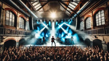 Inspired by Axel Rudi Pell performing live on stage at Slagthuset in Malmö, surrounded by blue and red lights, with fans raising their fists in an industrial-style concert hall.