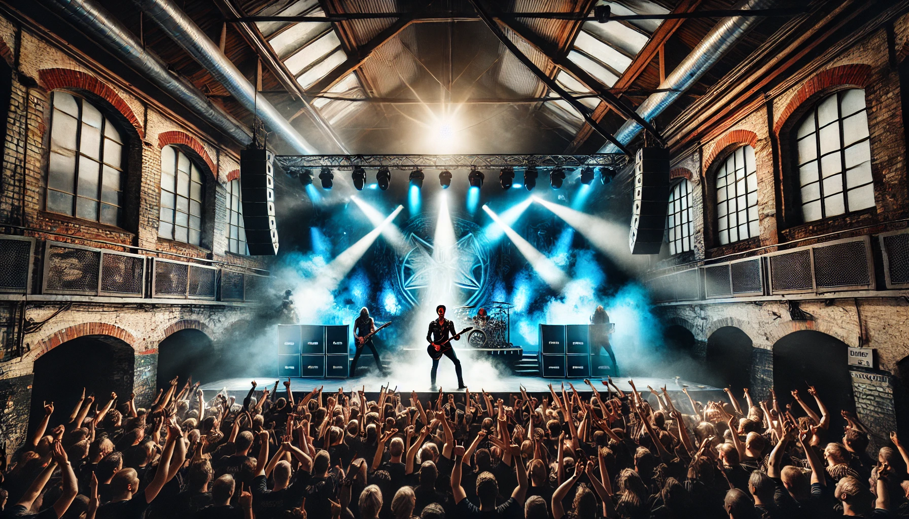 Inspired by Axel Rudi Pell performing live on stage at Slagthuset in Malmö, surrounded by blue and red lights, with fans raising their fists in an industrial-style concert hall.