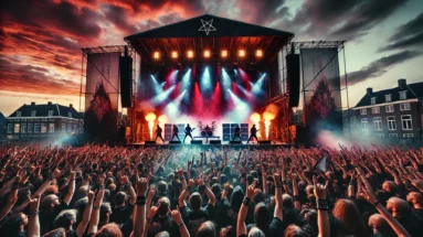 Dramatic scene inspired by Dynamo Metal Fest 2025 in Eindhoven, featuring a metal band performing on an open-air stage with pyrotechnics and a passionate crowd under a dark sky.