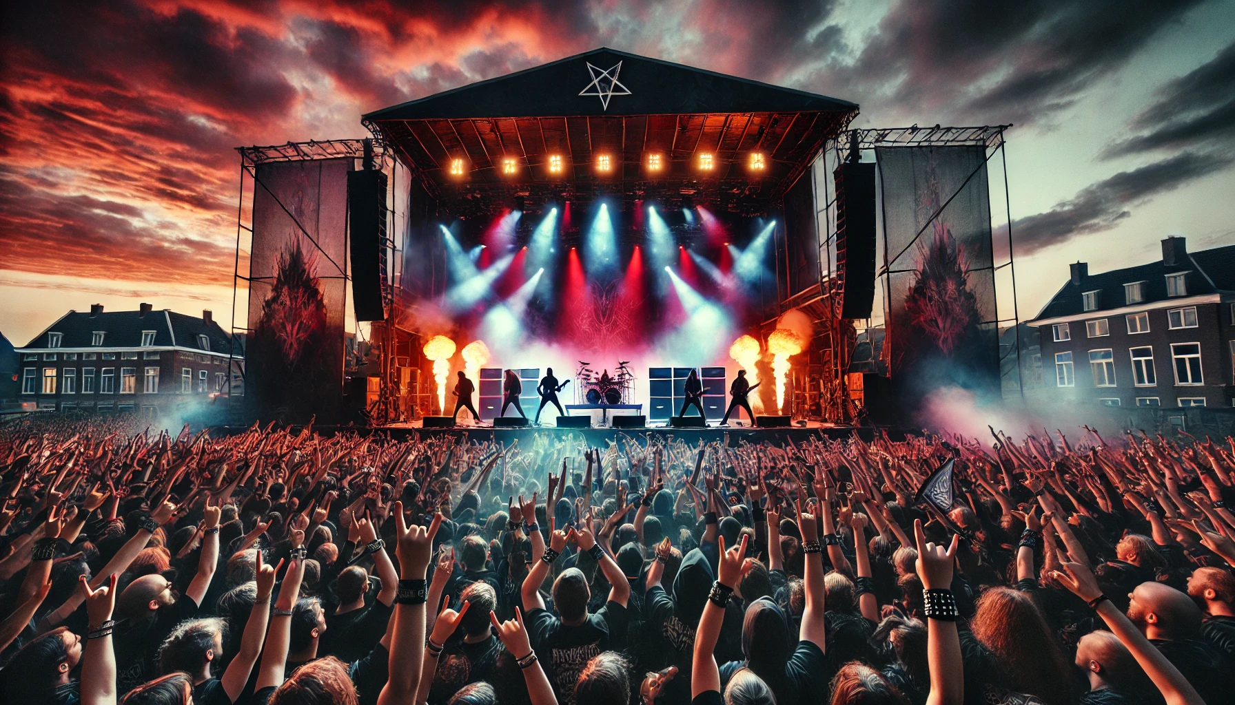 Dramatic scene inspired by Dynamo Metal Fest 2025 in Eindhoven, featuring a metal band performing on an open-air stage with pyrotechnics and a passionate crowd under a dark sky.