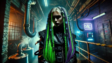 A cybergoth woman with neon green and purple cyberlocks in a gritty industrial environment, surrounded by pipes, steam, and neon lights, wearing a black leather outfit adorned with metallic accents, embodying a fierce and intense vibe.