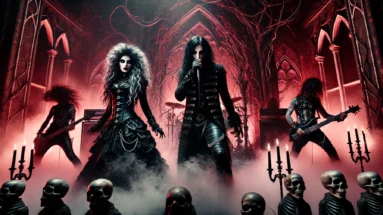Gothic-inspired stage scene featuring a lead singer dressed in Victorian-style black attire alongside a fierce female vocalist in a leather outfit, performing amidst red lighting, swirling mist, skulls, and gothic arches, evoking the dark, intense energy of Cradle of Filth and Butcher Babies.